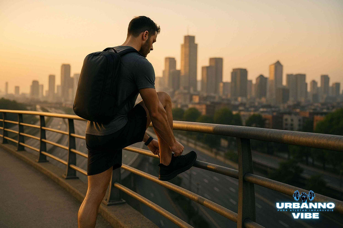 Atleta urbano se prepara para sua jornada, amarrando o tênis em uma ponte com a cidade ao fundo, durante o nascer do sol, enquanto carrega uma mochila preta da Urbanno, simbolizando o foco e a preparação do atleta imparável.