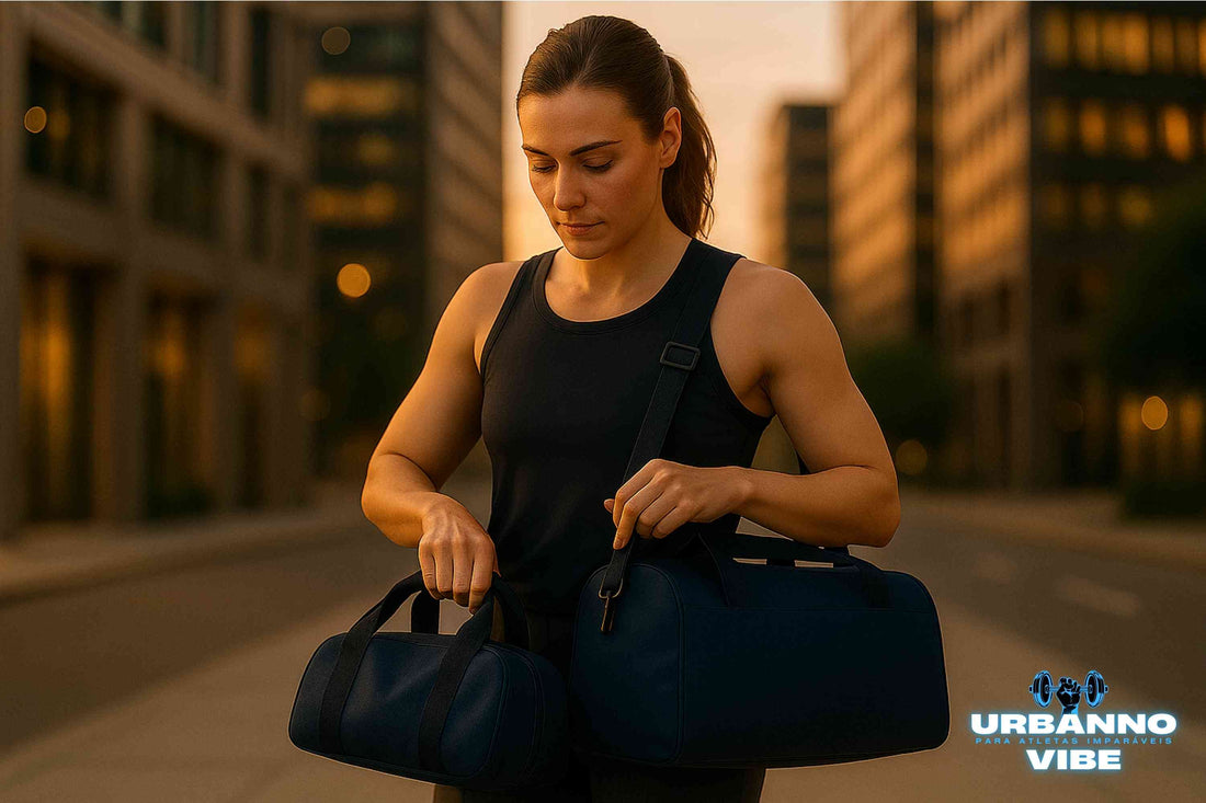 Mulher atleta com roupa de treino preta, focada enquanto organiza sua bolsa de academia e uma bolsa menor da Urbanno, em uma rua de cidade com prédios modernos ao fundo durante o pôr do sol, ilustrando o conceito de 'Menos Caos, Mais Performance'.