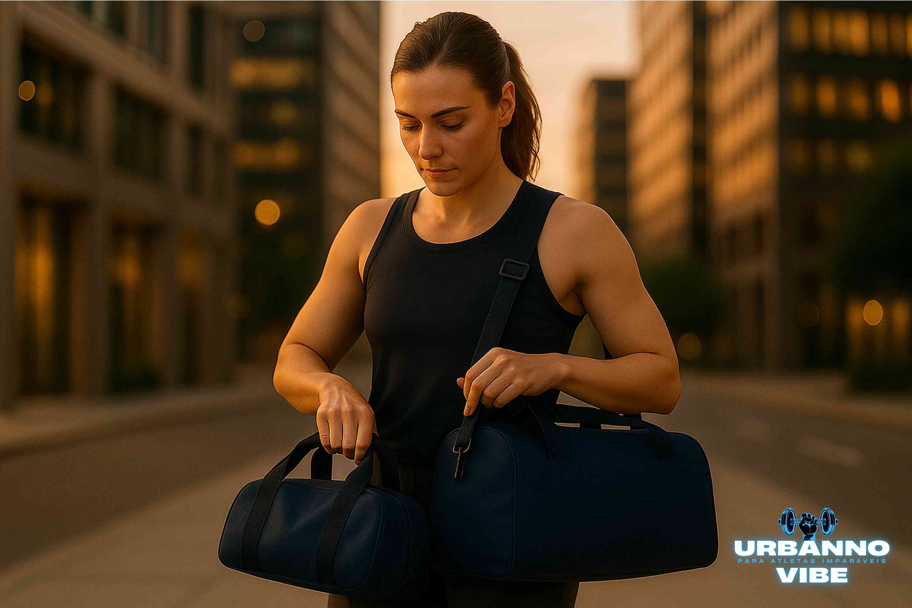 Mulher atleta com roupa de treino preta, focada enquanto organiza sua bolsa de academia e uma bolsa menor da Urbanno, em uma rua de cidade com prédios modernos ao fundo durante o pôr do sol, ilustrando o conceito de 'Menos Caos, Mais Performance'.