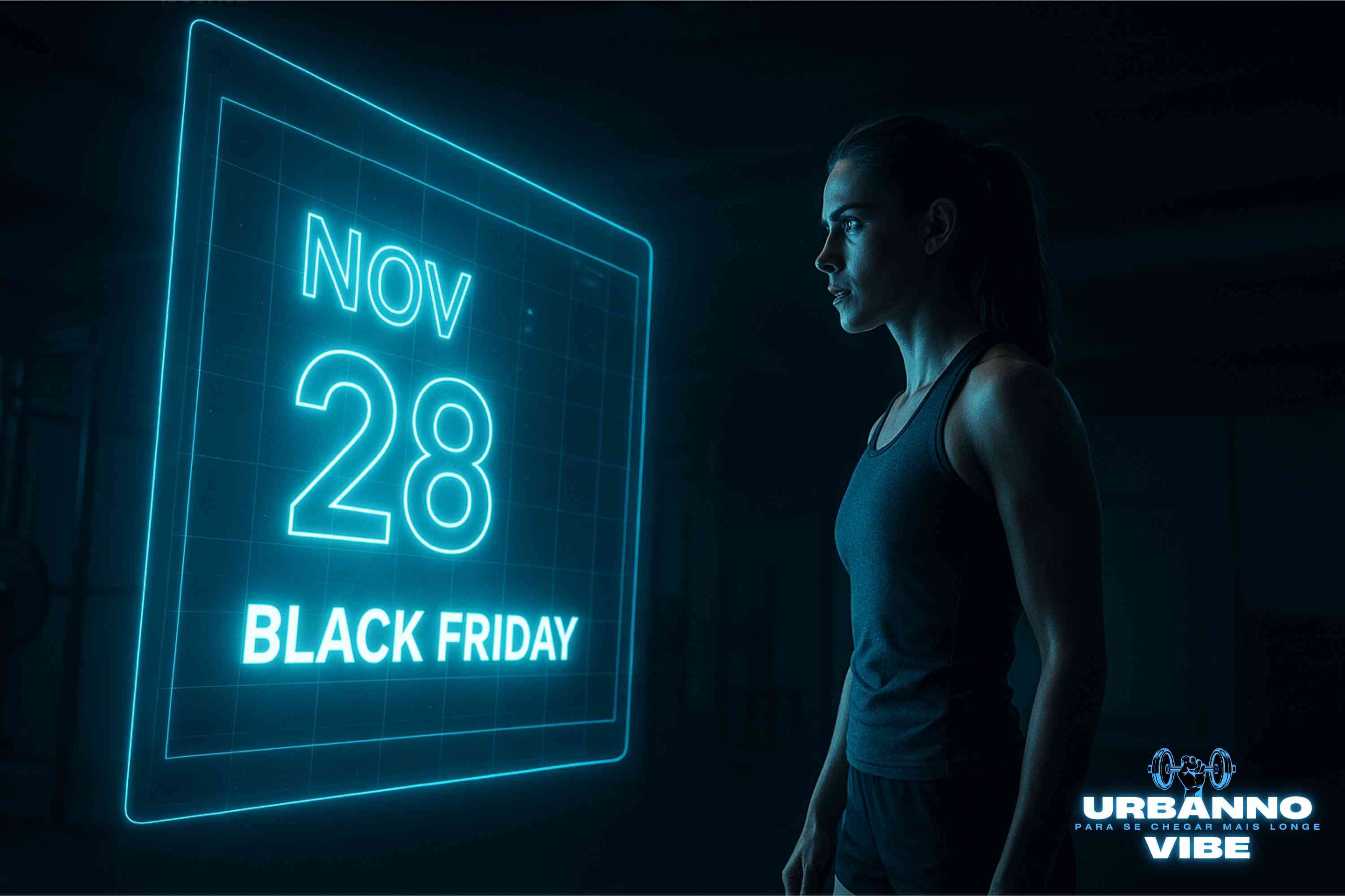 Atleta feminina focada, olhando para um calendário holográfico azul que exibe a data da Black Friday, 28 de novembro, em um ambiente escuro e moderno.