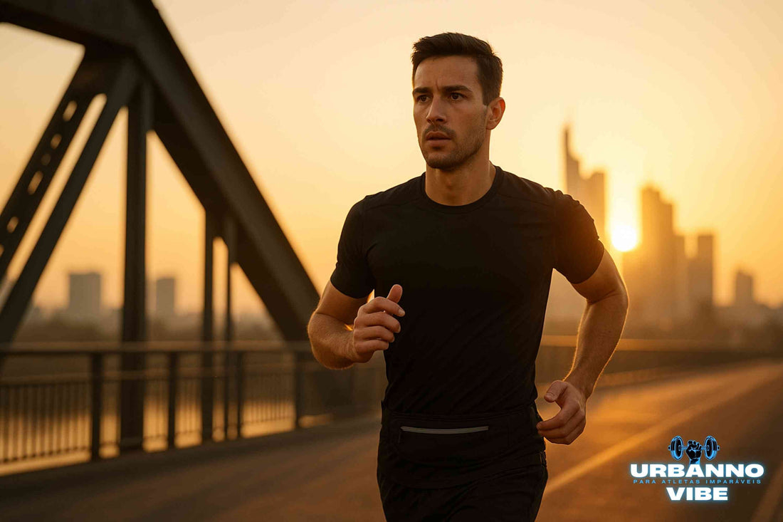 Atleta determinado correndo em uma ponte urbana ao nascer do sol, usando uma pochete de hidratação preta da Urbanno, transmitindo energia, foco e superação.