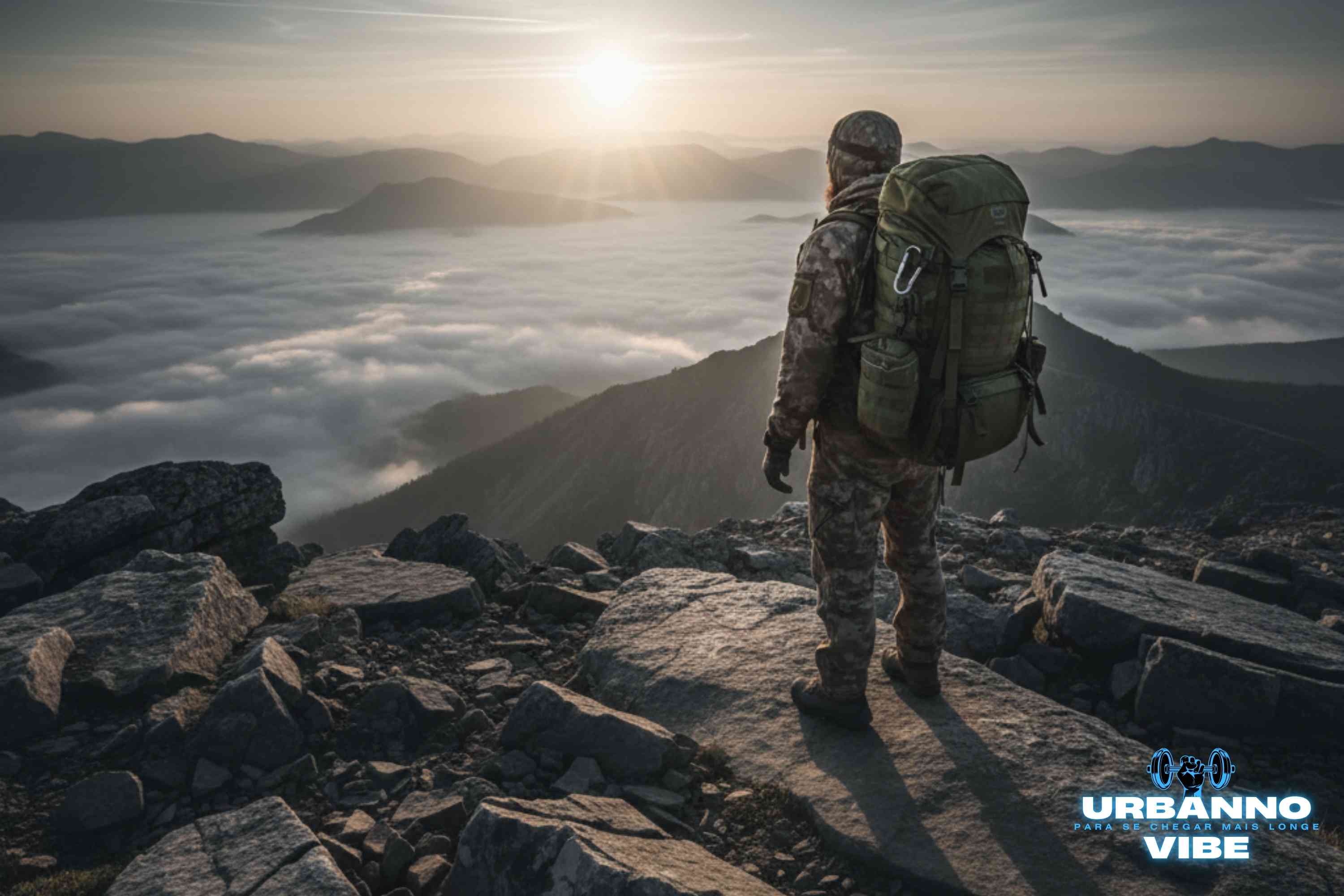 Aventureiro visto de costas no topo de uma montanha rochosa, usando uma grande mochila militar tática e olhando para um vale coberto de nuvens ao nascer do sol.