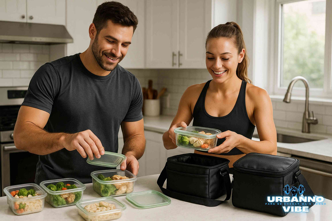 Casal fitness sorrindo enquanto prepara marmitas saudáveis em potes de vidro e as organiza em duas bolsas térmicas pretas da Urbanno sobre um balcão de cozinha.