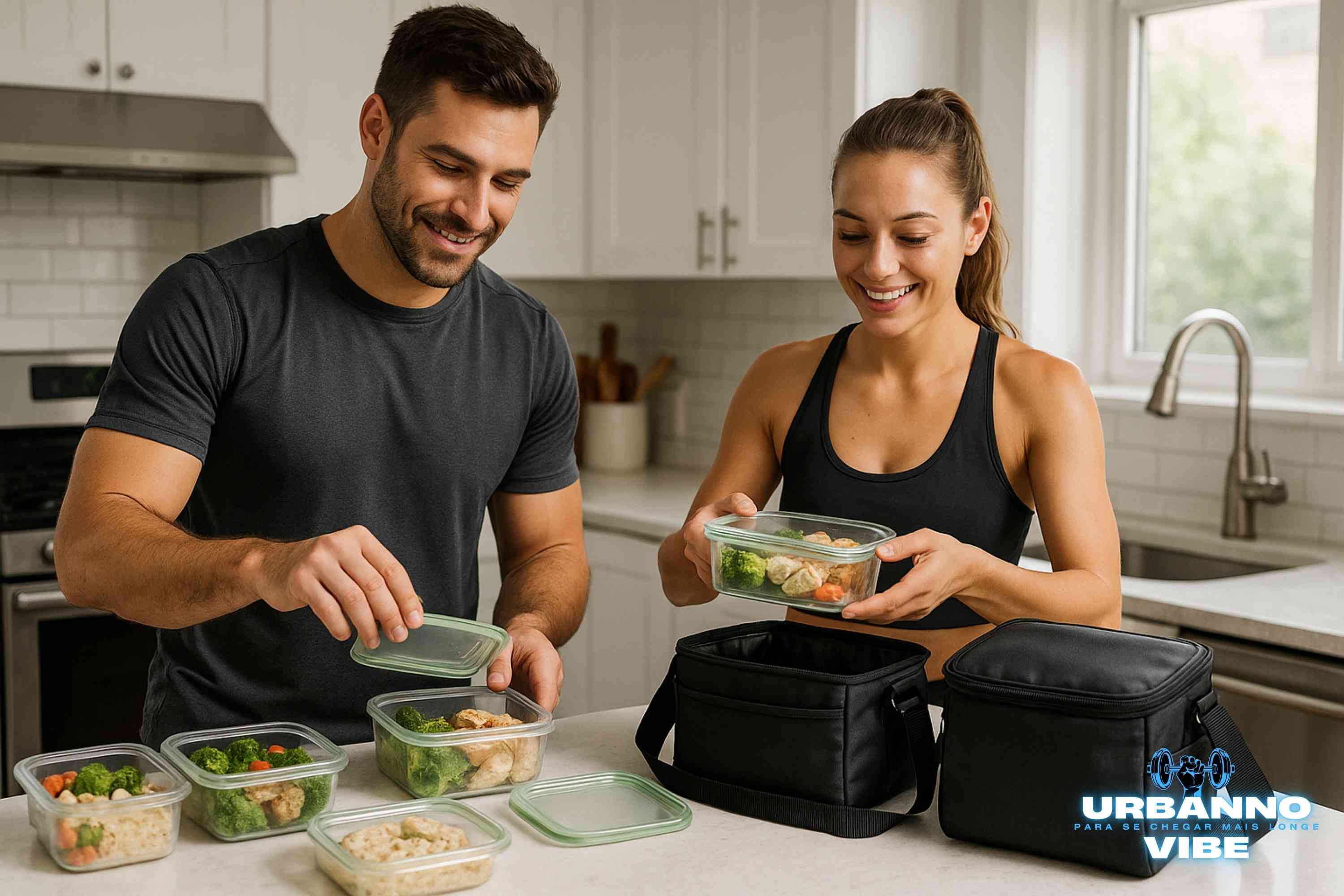 Casal fitness sorrindo enquanto prepara marmitas saudáveis em potes de vidro e as organiza em duas bolsas térmicas pretas da Urbanno sobre um balcão de cozinha.