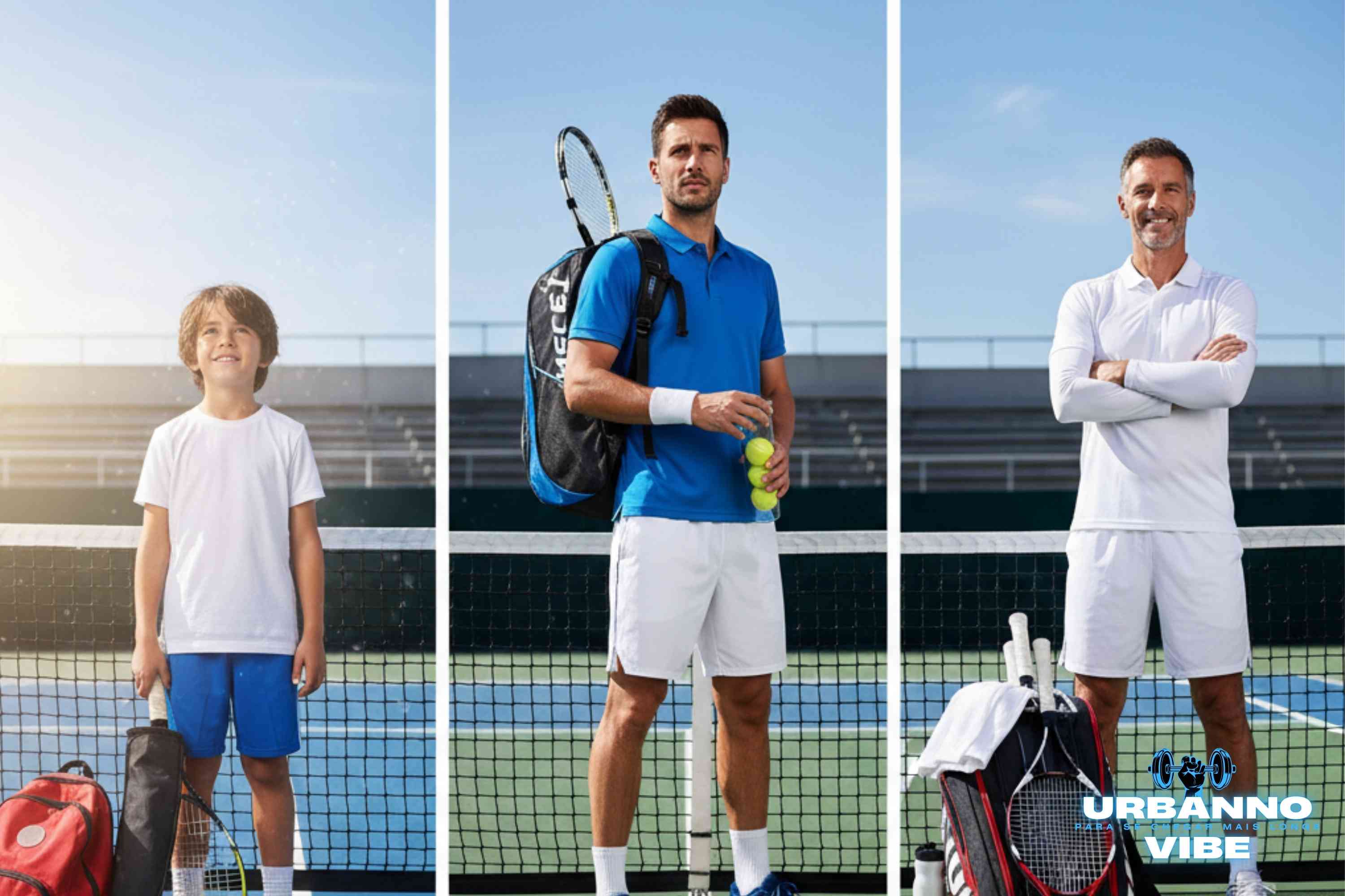 Montagem com a evolução de um jogador de tênis em três fases: um menino iniciante com uma raqueteira simples, um adulto intermediário com uma mochila raqueteira e um jogador sênior profissional com uma raqueteira grande.