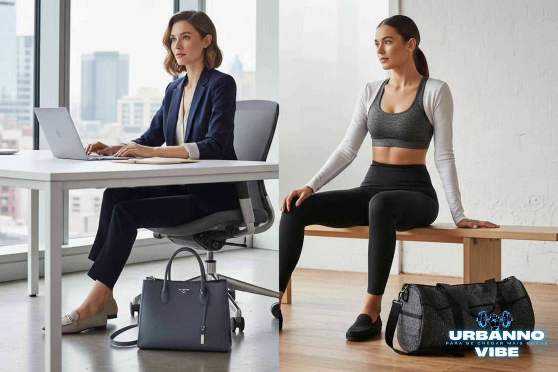 Montagem de imagem dividida: à esquerda, uma mulher em roupa de trabalho em um escritório com uma bolsa tote elegante no chão; à direita, a mesma mulher com roupa de academia sentada em um banco com uma bolsa de ginástica ao lado.