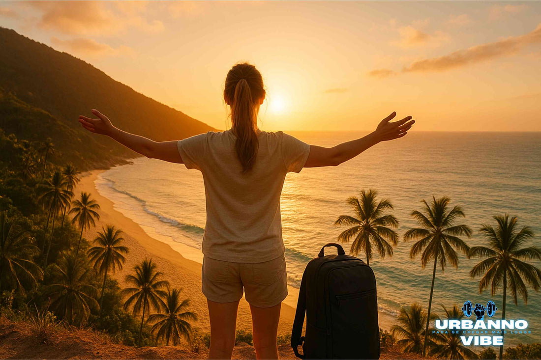 Jovem viajante admirando o pôr do sol em uma praia tropical no Brasil, com mochila de viagem preta moderna da loja urbanno ao lado, transmitindo sensação de liberdade, aventura e viagem.