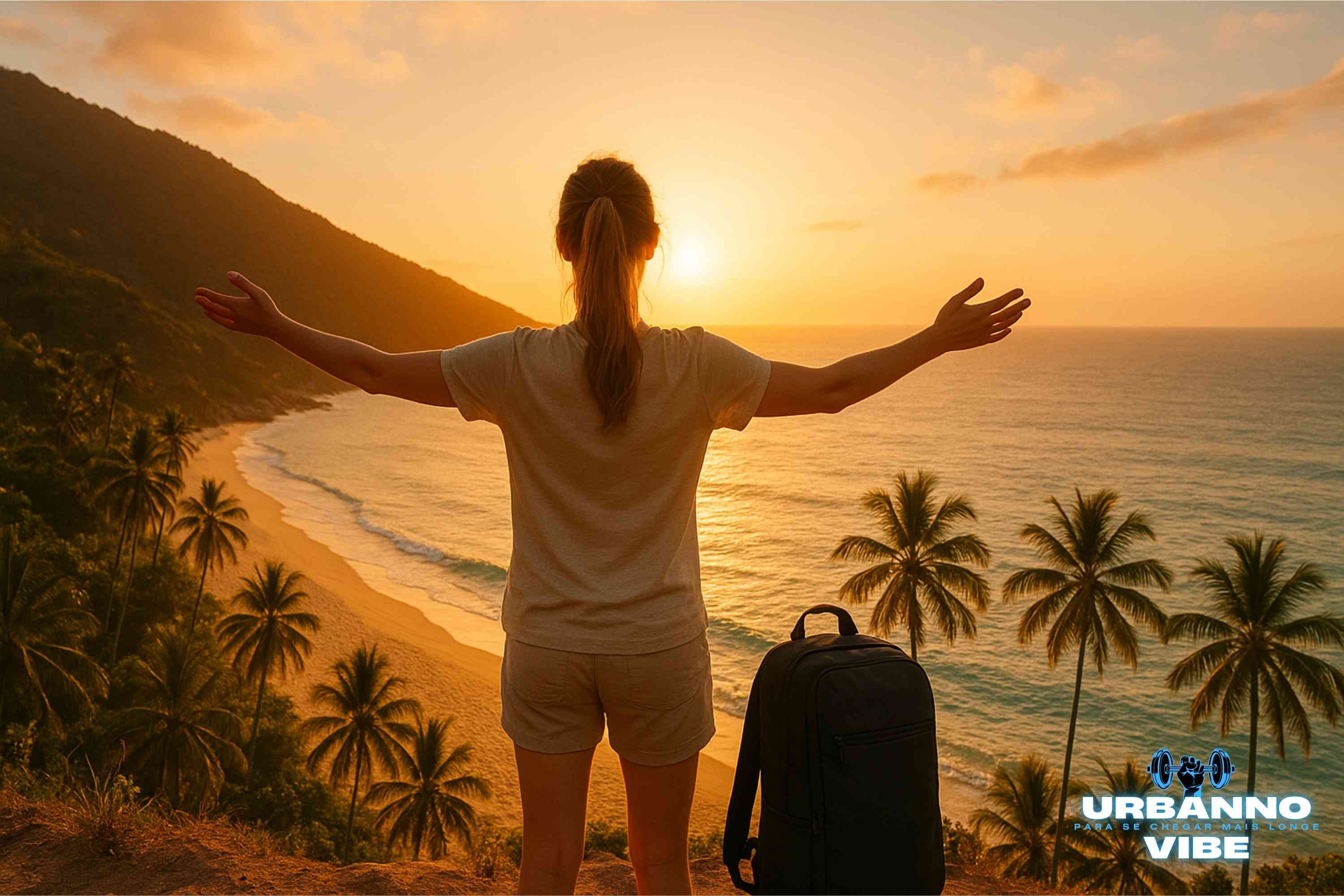 Jovem viajante admirando o pôr do sol em uma praia tropical no Brasil, com mochila de viagem preta moderna da loja urbanno ao lado, transmitindo sensação de liberdade, aventura e viagem.