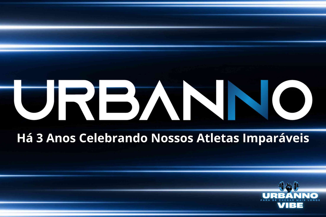 Banner principal do artigo "A Urbanno é confiável?", celebrando os 3 anos da marca com o logo da Urbanno e a frase "Há 3 Anos Celebrando Nossos Atletas Imparáveis" sobre um fundo azul com feixes de luz.