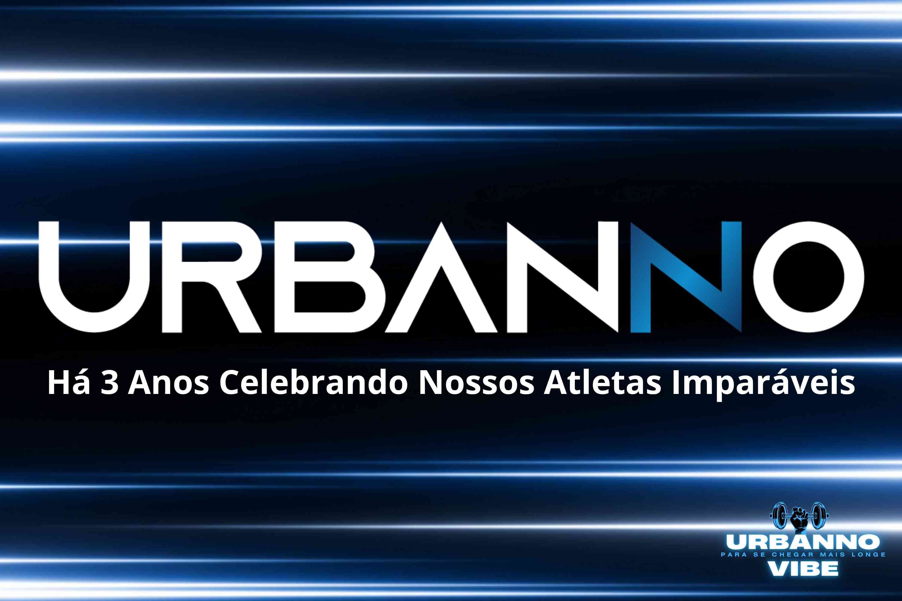 Banner principal do artigo "A Urbanno é confiável?", celebrando os 3 anos da marca com o logo da Urbanno e a frase "Há 3 Anos Celebrando Nossos Atletas Imparáveis" sobre um fundo azul com feixes de luz.