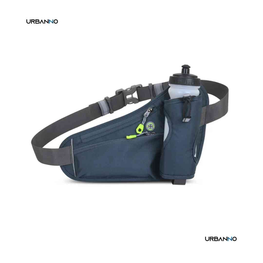 Cinto de hidratação esportivo azul-escuro com porta-garrafa e bolsos com zíper, ideal para corrida e atividades físicas.