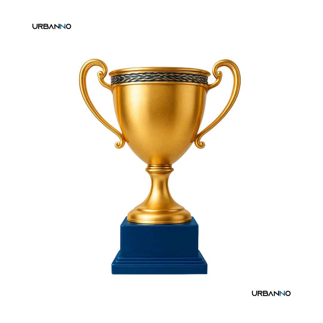Troféu dourado com base azul, simbolizando os produtos mais vendidos, fundo branco. Urbanno.