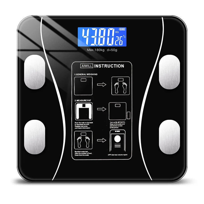 Vista superior de uma balança digital Smart Urbanno com visor LED azul mostrando peso e temperatura. A superfície é de vidro temperado preto com instruções detalhadas para medição de gordura corporal e sincronização com aplicativos via Bluetooth, ilustradas diretamente no vidro. Loja online Urbanno 01