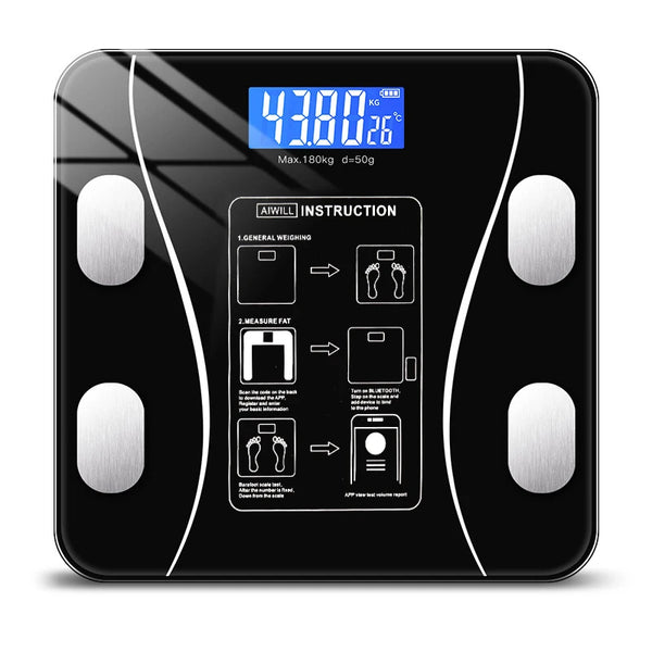 Vista superior de uma balança digital Smart Urbanno com visor LED azul mostrando peso e temperatura. A superfície é de vidro temperado preto com instruções detalhadas para medição de gordura corporal e sincronização com aplicativos via Bluetooth, ilustradas diretamente no vidro. Loja online Urbanno 01