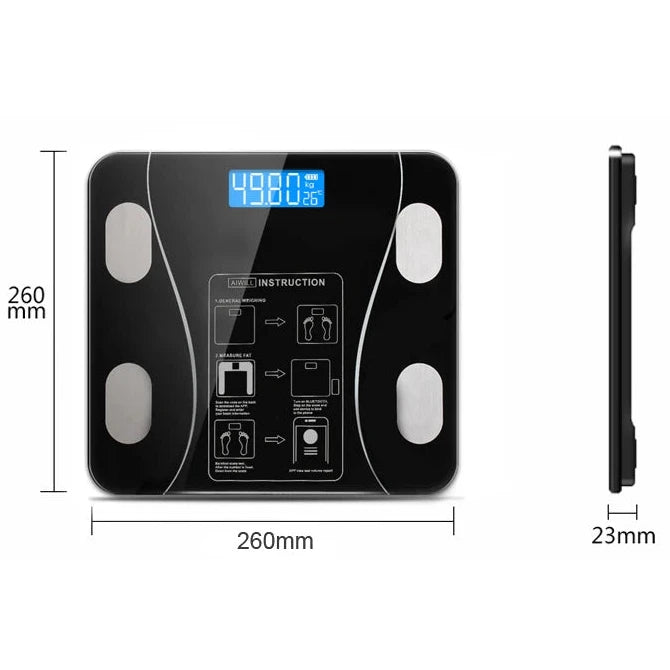 Balança Digital Corporal Smart preta: Precisão e Tecnologia loja urbanno.com.br  imagem com medidas e informações técnicas . Vista superior de uma balança digital Smart Urbanno com visor LED azul mostrando peso e temperatura. Loja www.urbanno.com.br