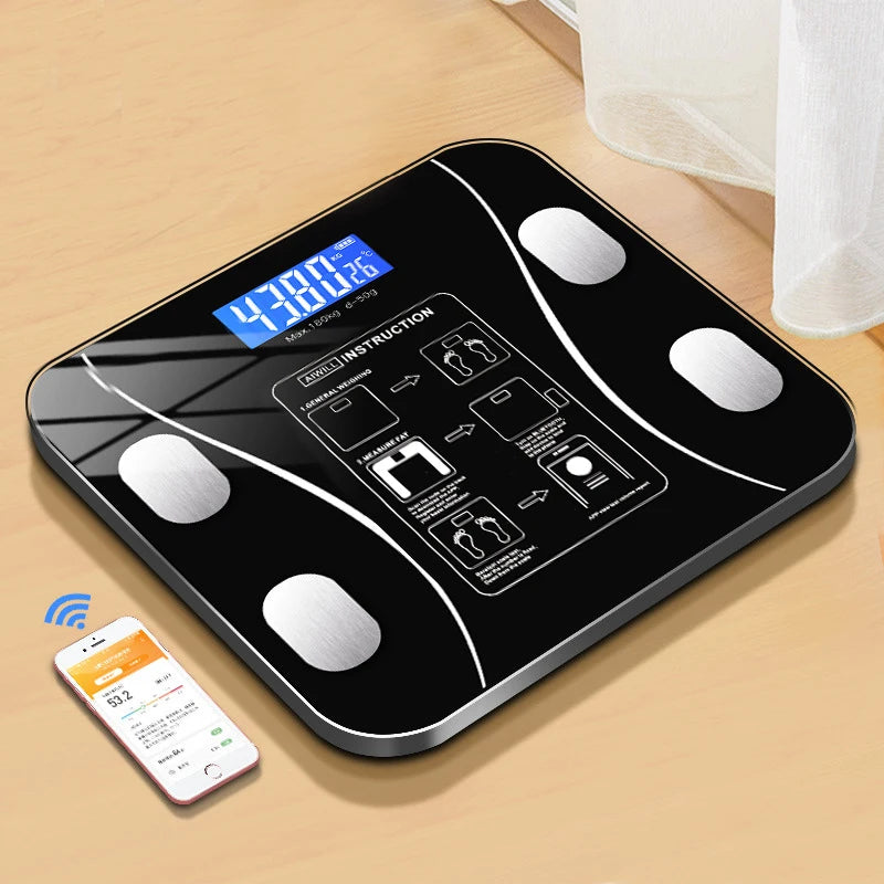 Vista superior de uma balança digital Smart Urbanno com visor LED azul mostrando peso e temperatura. A superfície é de vidro temperado preto com instruções detalhadas para medição de gordura corporal e sincronização com aplicativos via Bluetooth, ilustradas diretamente no vidro. Loja online urbanno 02