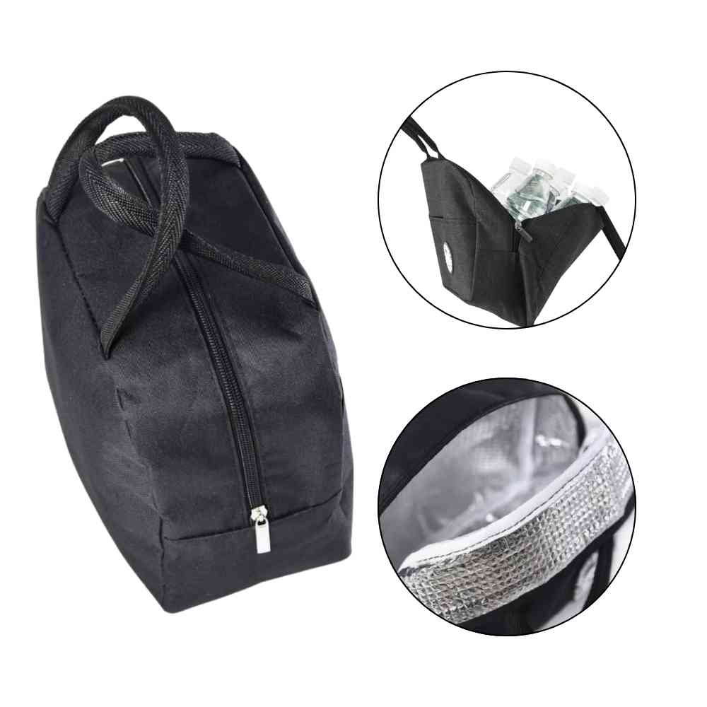 Bolsa Térmica para Marmitas e Dietas Urbanno preta, mostrando a vista lateral com zíper e detalhes do revestimento térmico interno e bolso lateral
