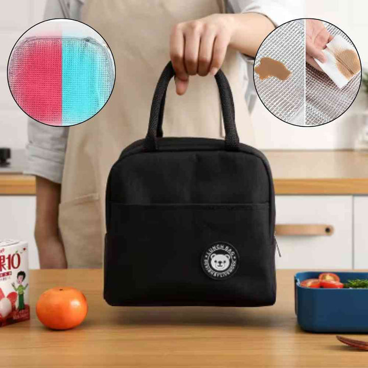 Bolsa Térmica para Marmitas e Dietas Urbanno preta, mostrando detalhes do revestimento interno colorido, facilidade de limpeza e isolamento térmico