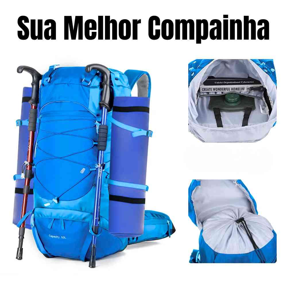 Mochila Camping 50 a 70L Impermeável e Capa de Chuva Azul da loja urbanno 0005