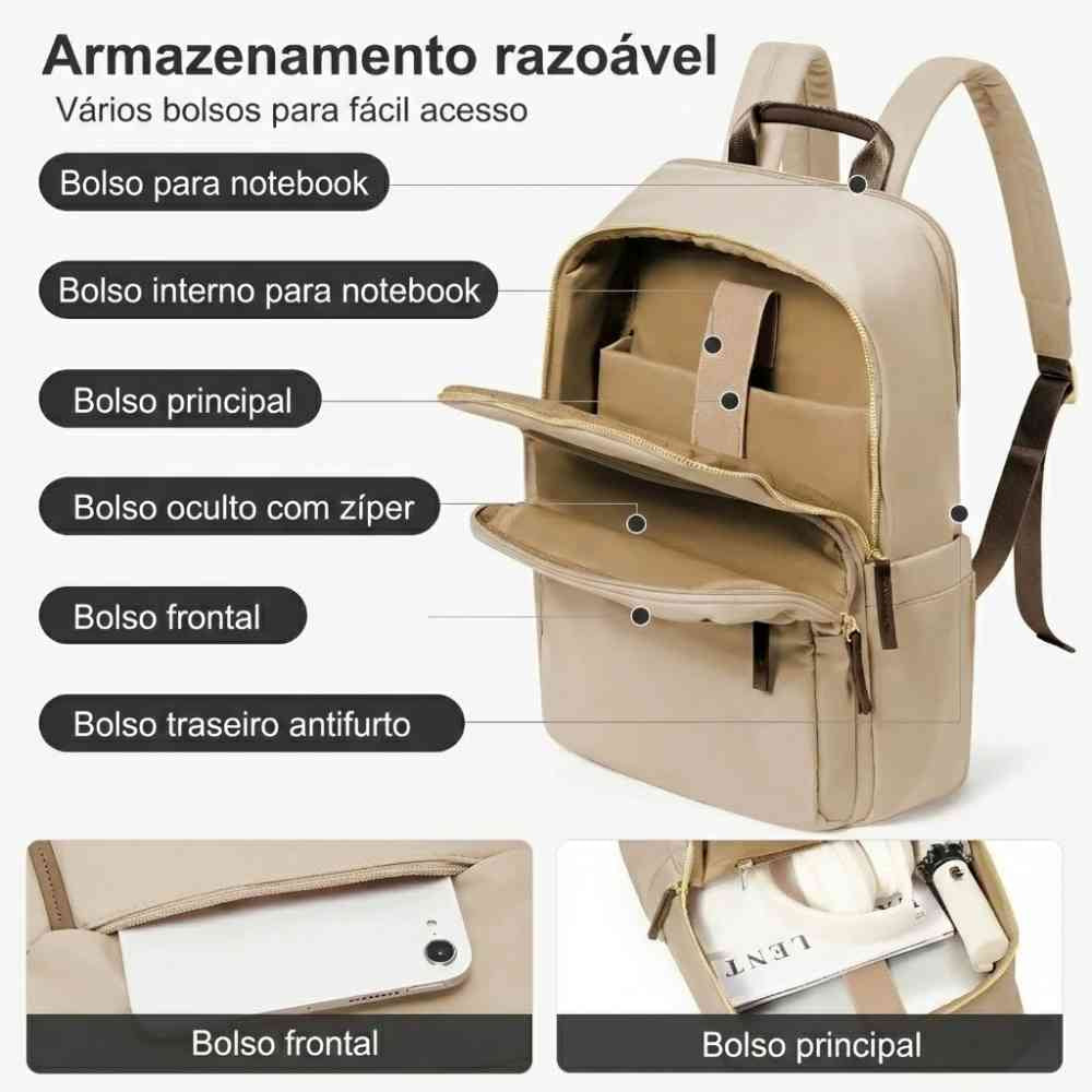 Mochila Feminina Notebook para Trabalho e Viagem Khaki da loja urbanno - 0006