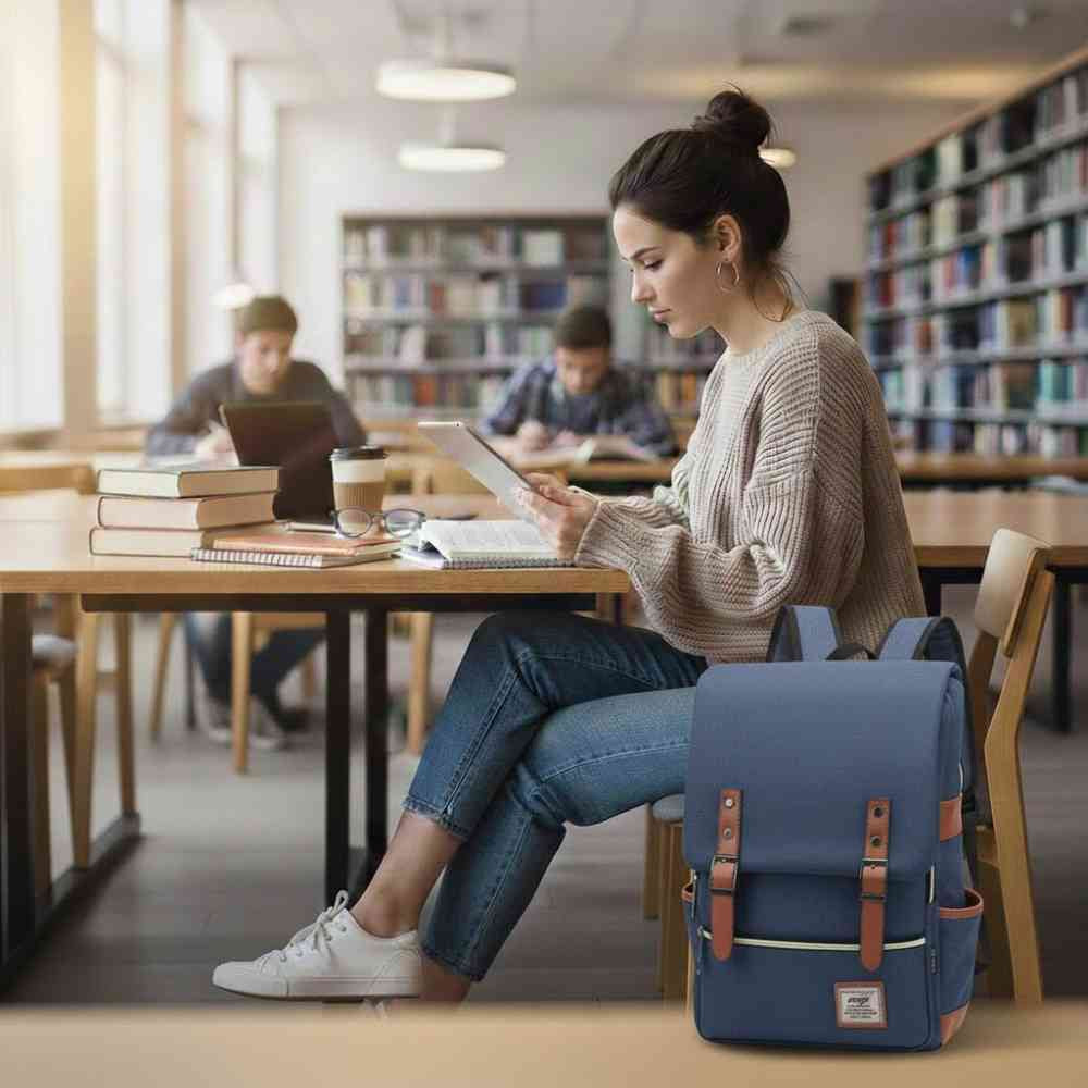 Mochila Feminina Viagem Notebook 16 Polegadas Vintage Lona Azul da loja urbanno 0002