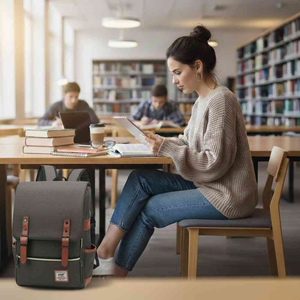 Mochila Feminina Viagem Notebook 16 Polegadas Vintage Lona Cinza da loja urbanno 0002