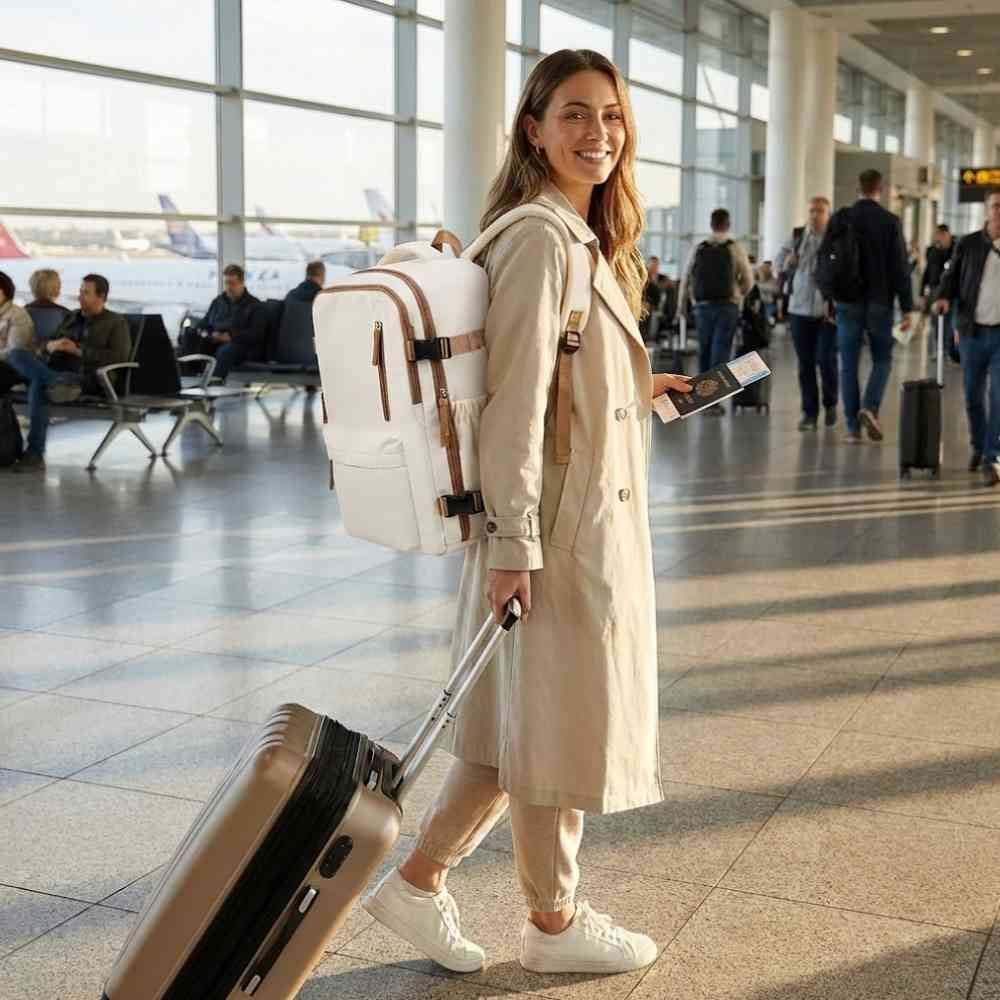 Mochila Feminina de Viagem Notebook 15.6" Impermeável Executiva Bege da loja urbanno 0002