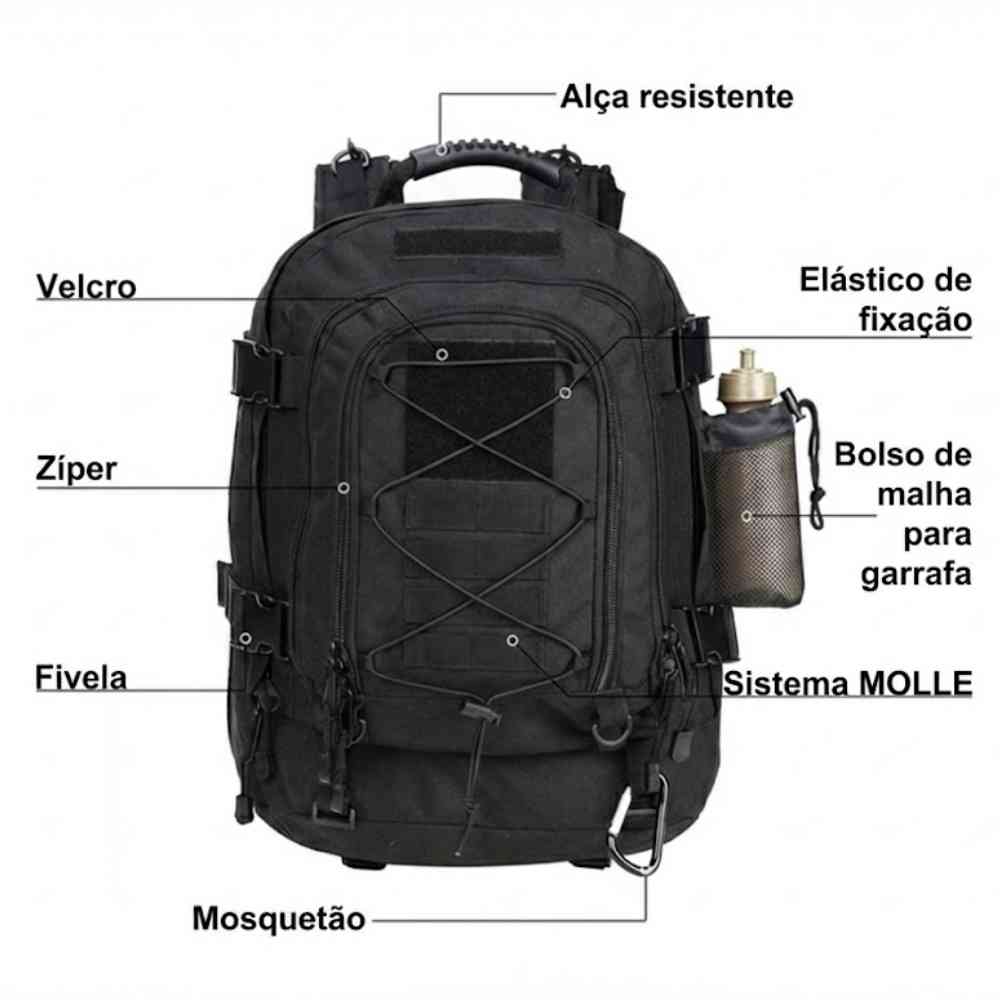 Mochila Tática Expansível 40 a 65L Militar Viagem Impermeável Preta da loja urbanno 0003