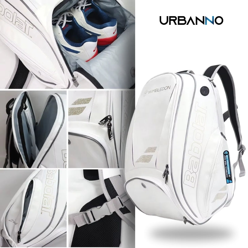A imagem mostra uma visão detalhada e atraente da Mochila Raqueteira Babolat, com foco nos seus diversos compartimentos e funcionalidades. Na parte central, a mochila aparece em sua totalidade, destacando o design elegante e minimalista, com o logo Babolat e a inscrição "Wimbledon" na parte superior. Nas imagens menores ao redor, é possível ver detalhes importantes, como o compartimento interno para os tênis, que mantém os itens organizados, além dos bolsos laterais e zíperes de fácil acesso. Também se pode