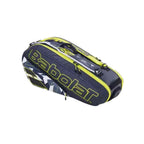 Raqueteira de Tênis Babolat RH6 Pure Aero para 6 raquetes, preta com detalhes em amarelo neon e estampa geométrica, vista lateral do produto.