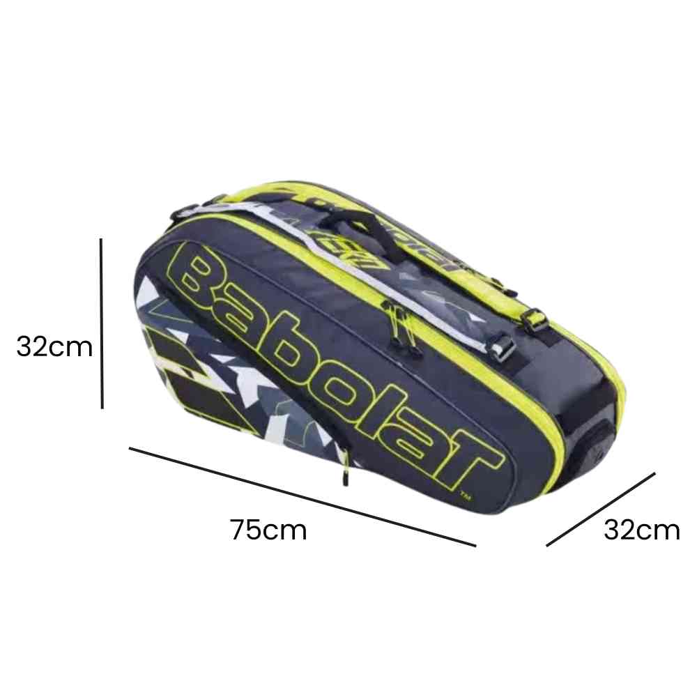 Raqueteira Babolat RH6 Pure Aero preta e amarela. Imagem com as dimensões: 75cm (Comprimento), 32cm (Altura) e 32cm (Largura) indicadas.