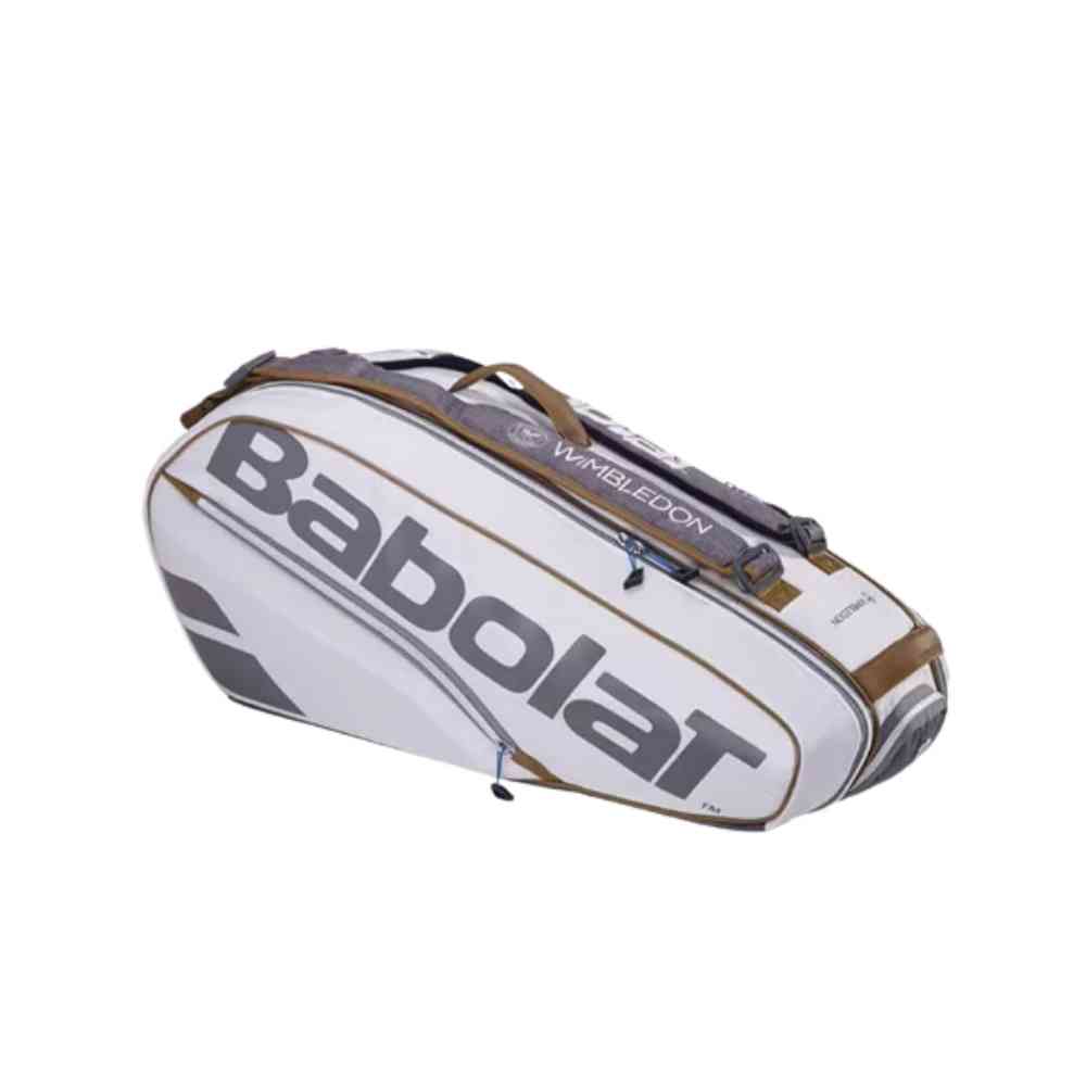 Raqueteira de Tênis Babolat RH6 Pure Wimbledon branca e marrom com detalhes em cinza, vista lateral, compartimentos fechados, logotipo Babolat visível.