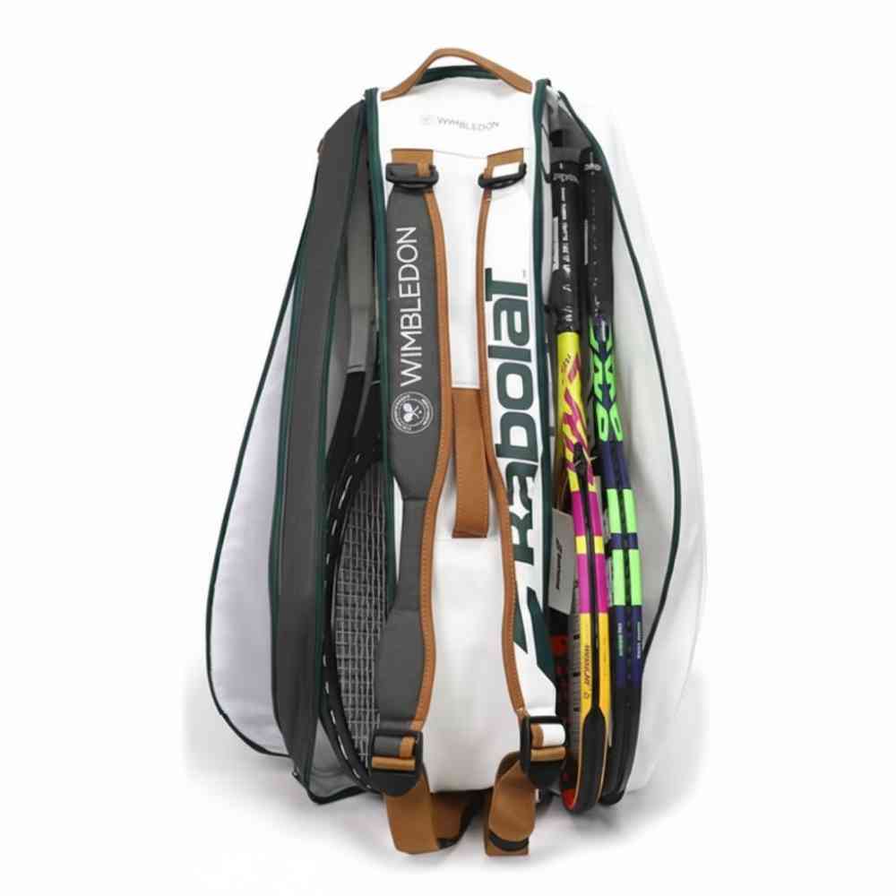 Raqueteira de Tênis Babolat RH6 Pure Wimbledon branca, marrom e verde escura, totalmente aberta, mostrando os três compartimentos internos e a capacidade para 6 raquetes.