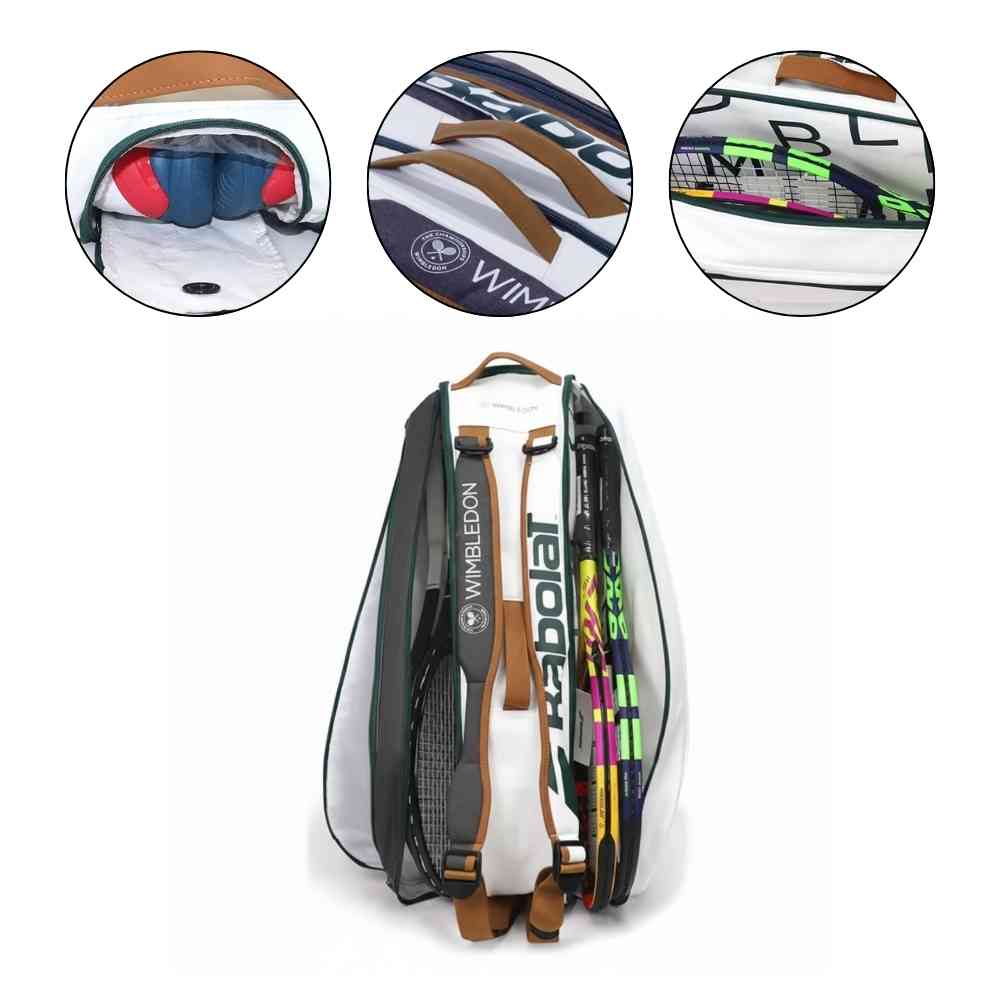 Detalhes da Raqueteira Babolat RH6 Pure Wimbledon. Mostra: compartimento de sapatos, alças acolchoadas ajustáveis e o espaço para até 6 raquetes de tênis.