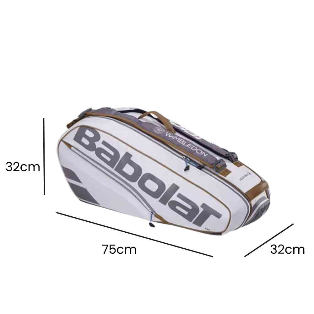 Raqueteira de Tênis Babolat RH6 Pure Wimbledon branca, vista lateral, com linhas indicando as dimensões: 75cm de comprimento, 32cm de altura e 32cm de largura.
