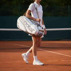 Mulher em quadra de saibro, vestindo roupa de tênis branca, carrega a Raqueteira Babolat RH6 Pure Wimbledon branca e marrom no ombro. Foto de lifestyle.