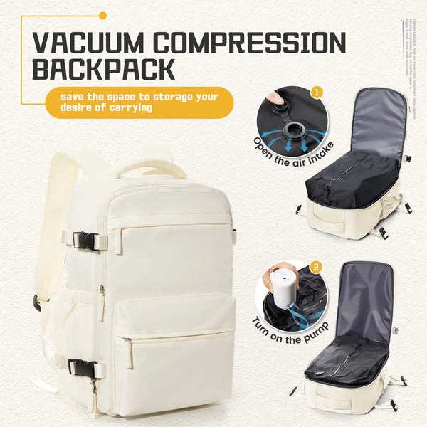 Mochila de Viagem Bege com Compressão a Vácuo para Notebook 15.6