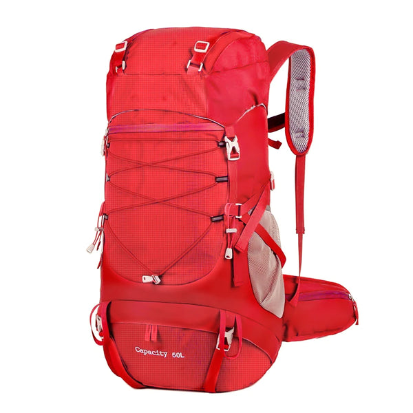 Mochila Camping 50 a 70L Impermeável e Capa de Chuva Vermelha