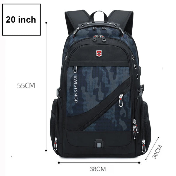 Mochila Notebook 20" Viagem Antifurto Impermeável Camuflagem Azul e Preta