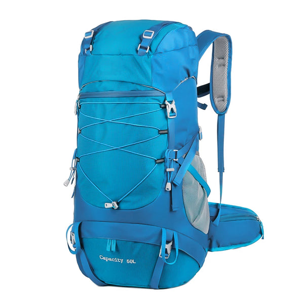 Mochila Camping 50 a 70L Impermeável e Capa de Chuva Azul