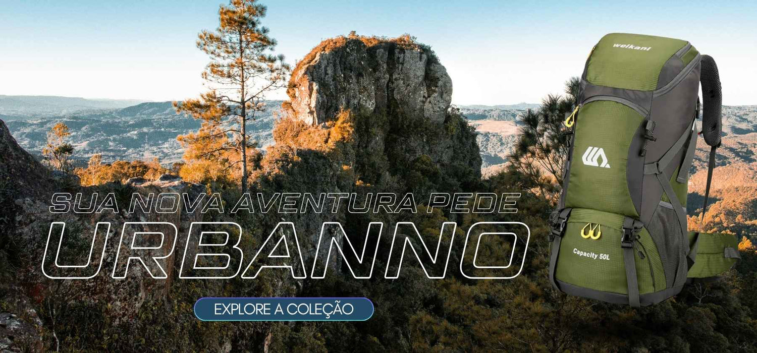 Banner: Sua Nova Aventura Pede Urbanno. Explore a Coleção. Mochila de trilha verde em paisagem montanhosa. Urbanno.