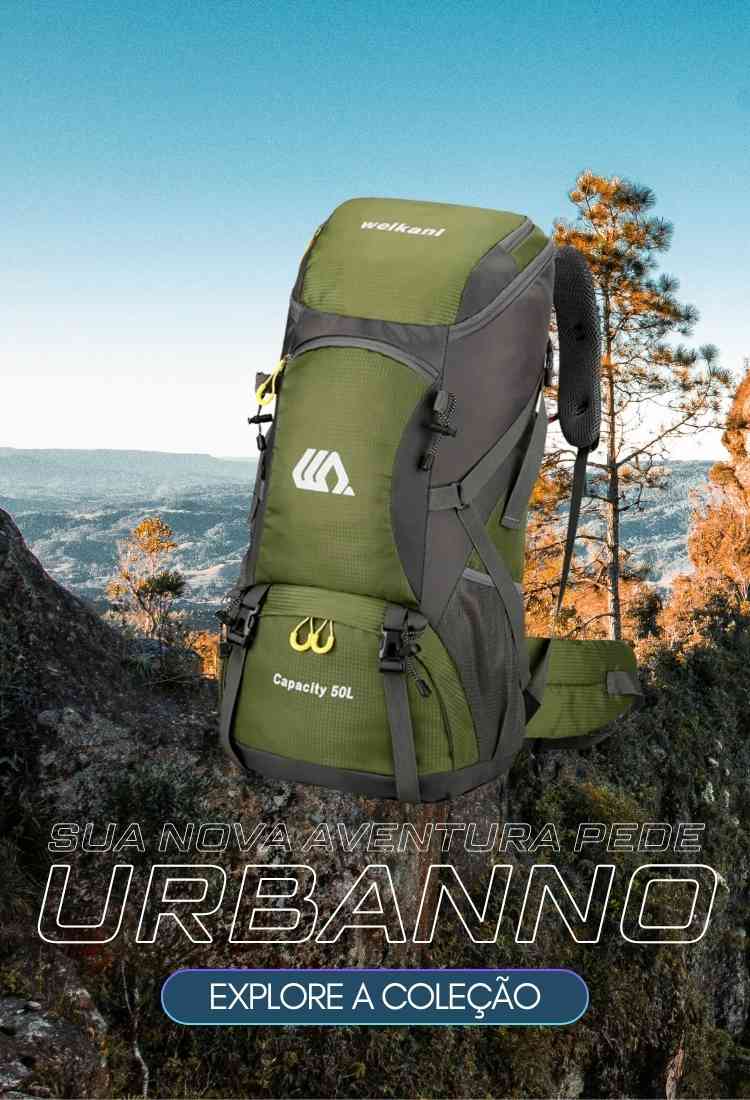 Banner mobile: Sua Nova Aventura Pede Urbanno. Explore a Coleção. Mochila de trilha verde em paisagem montanhosa. Urbanno.
