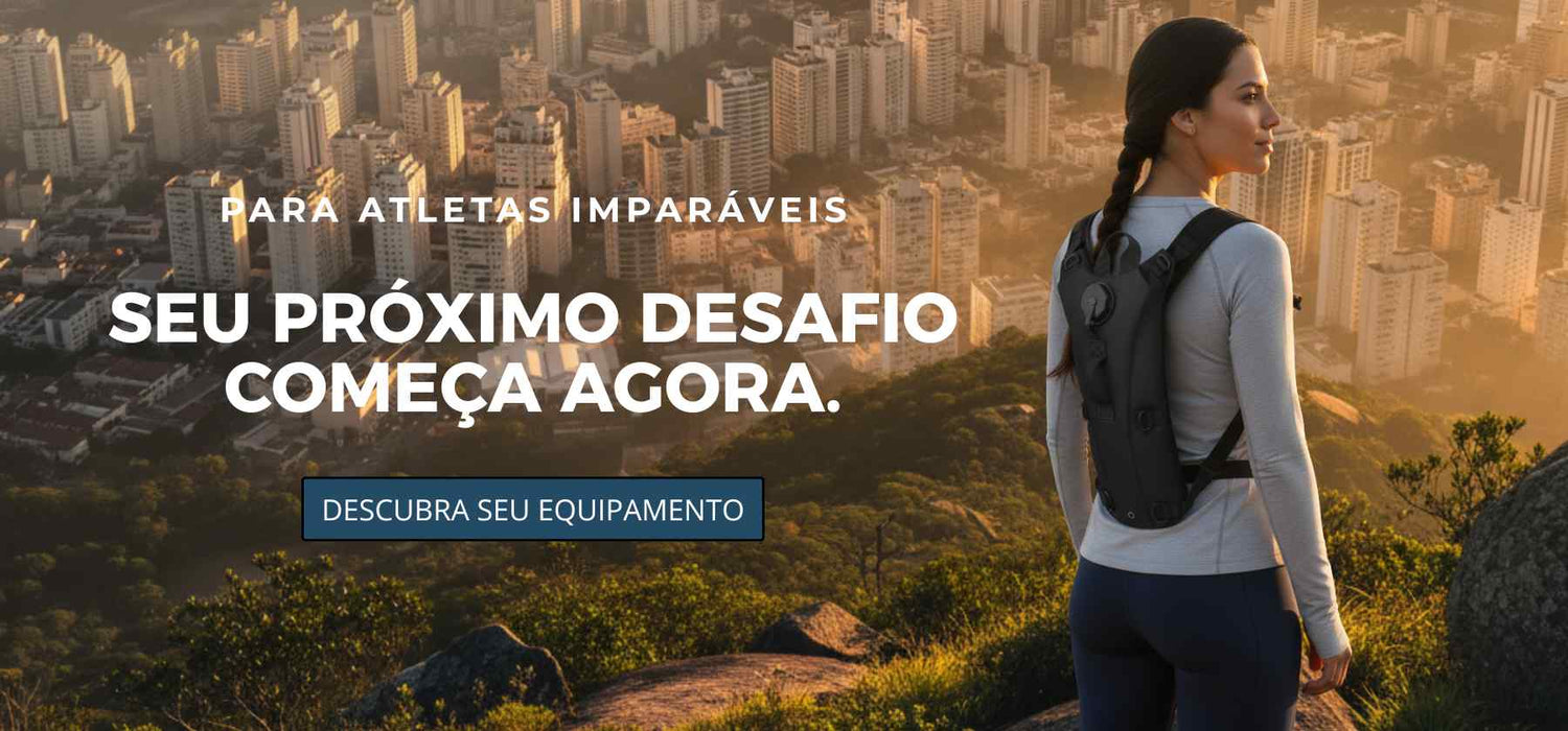 Banner principal  desktop da URBANNO mostrando uma atleta no topo de uma montanha olhando para a cidade ao nascer do sol com o texto: Seu próximo desafio começa agora.