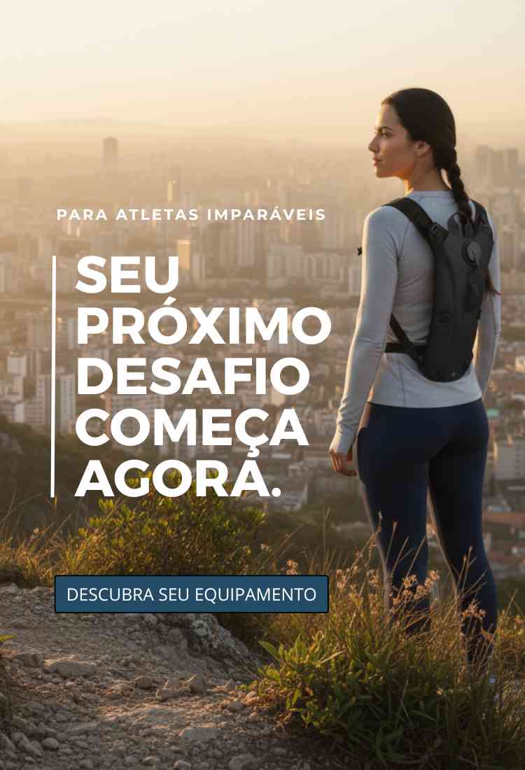 Banner principal mobile da URBANNO mostrando uma atleta no topo de uma montanha olhando para a cidade ao nascer do sol com o texto: Seu próximo desafio começa agora.