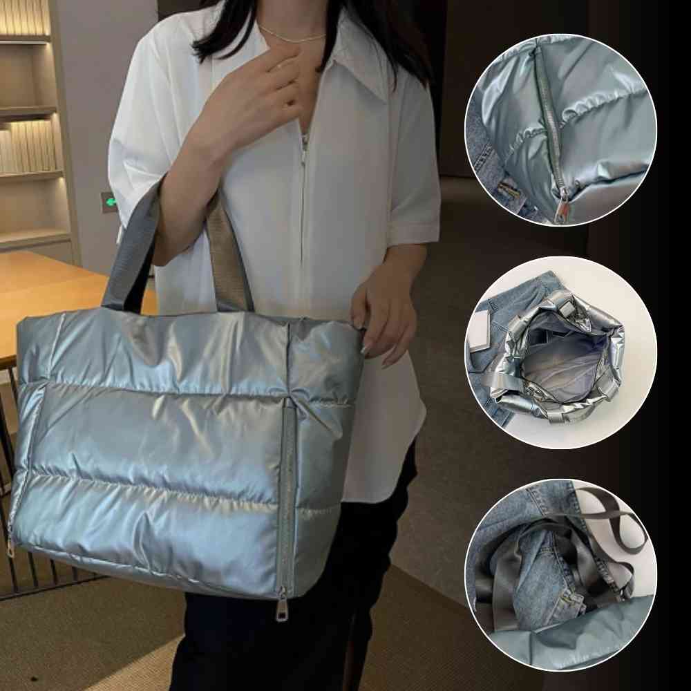 Mulher carregando a Bolsa de Academia Feminina Grande para Yoga Azul Urbanno, com três círculos detalhando: o zíper lateral, o compartimento para o mat de yoga aberto e a alça de ombro ajustável.