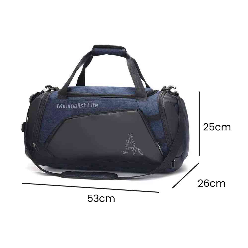 Bolsa de Academia Grande com Compartimento de Sapatos Azul Escuro Urbanno, com a inscrição "Minimalist Life" e linhas indicando suas dimensões de 53cm de comprimento, 25cm de altura e 26cm de profundidade.