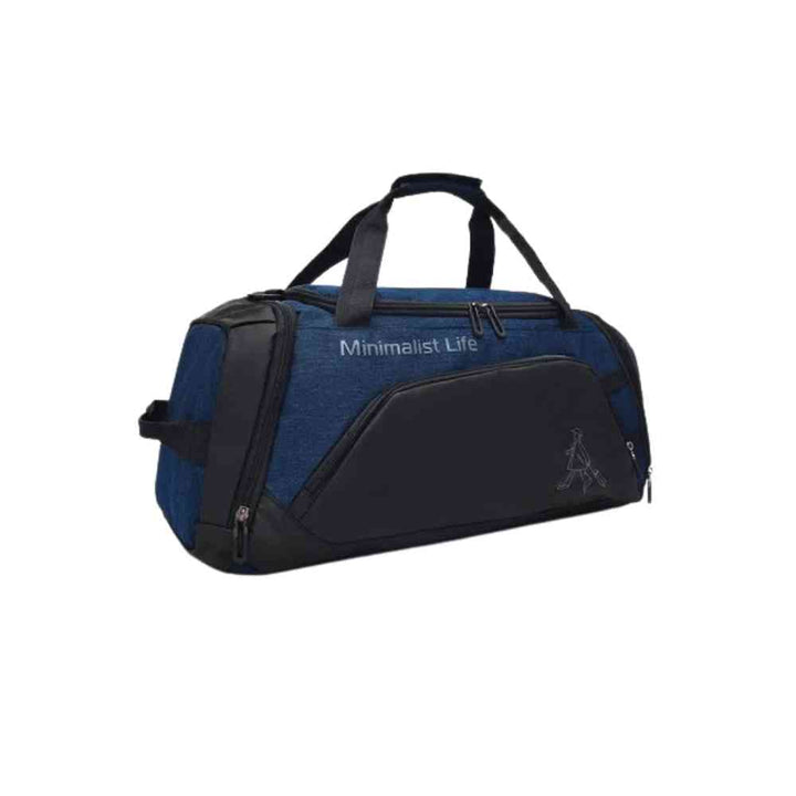 Bolsa de Academia Grande com Compartimento de Sapatos Azul Escuro Urbanno, com a inscrição "Minimalist Life", vista em um ângulo lateral destacando seu design moderno e robusto.