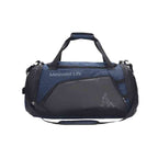 Bolsa de Academia Grande com Compartimento de Sapatos Azul Escuro Urbanno, vista frontal, com design "Minimalist Life", alças de mão e alça de ombro, pronta para o treino.