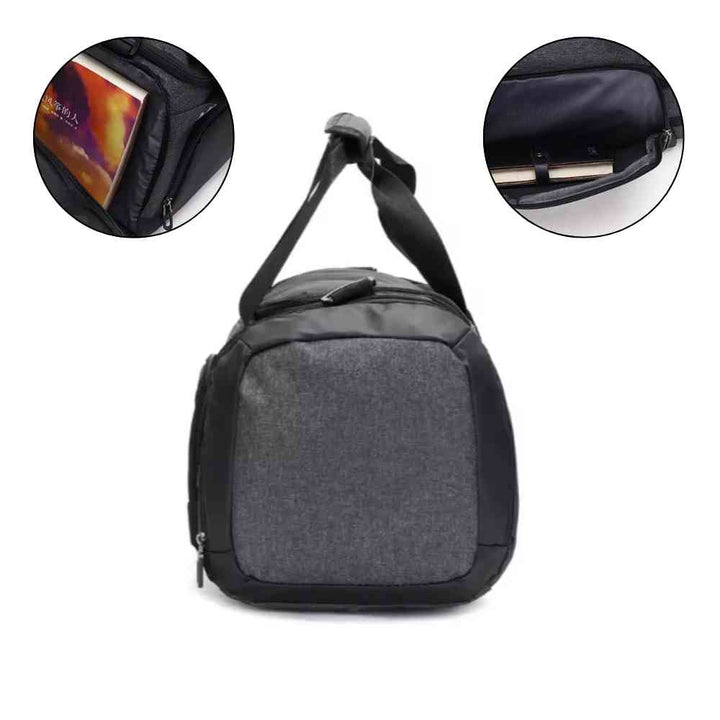 Bolsa de Academia Grande Cinza Grafite Urbanno, vista traseira com a inscrição "Minimalist Life", e dois círculos detalhando bolsos laterais com itens como um livro e um smartphone, enfatizando a praticidade de armazenamento.
