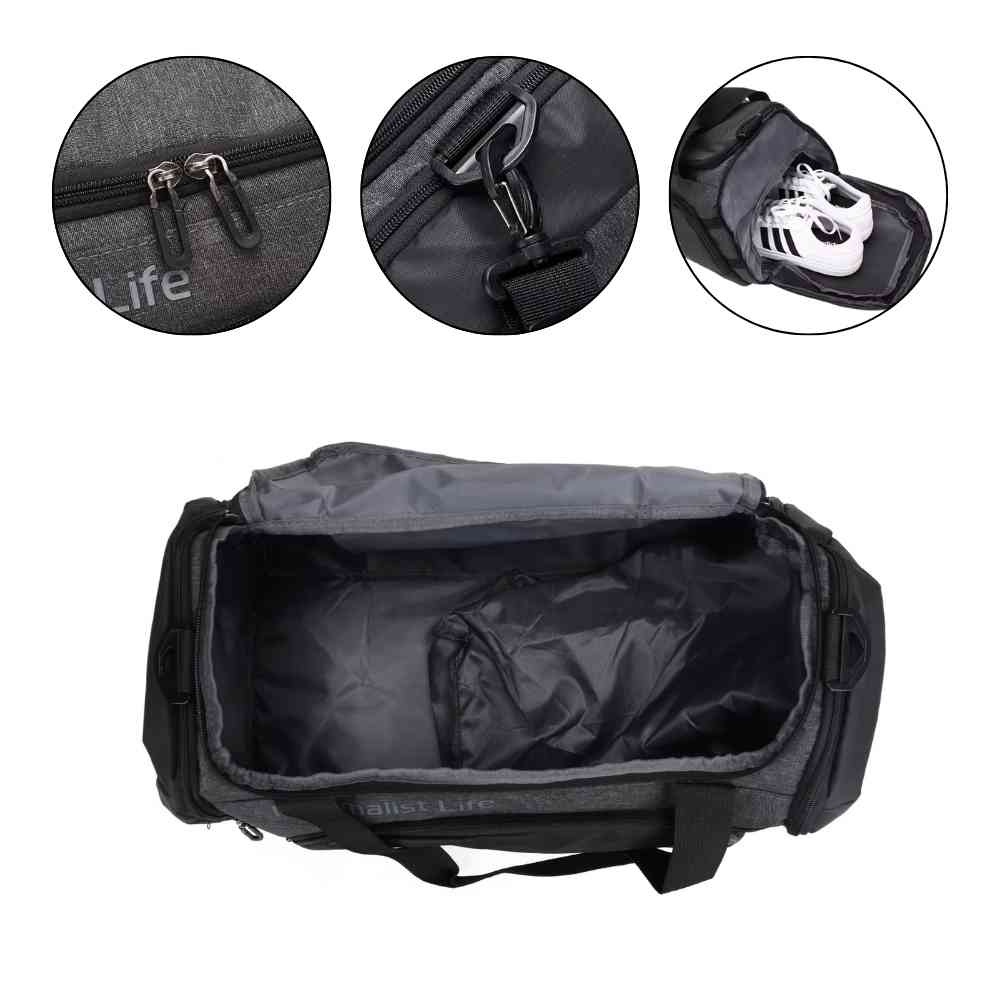 Bolsa de Academia Grande Cinza Grafite Urbanno, aberta, exibindo o interior espaçoso, e três círculos detalhando: os zíperes duplos, o mosquetão da alça de ombro e o compartimento lateral com um par de tênis brancos.